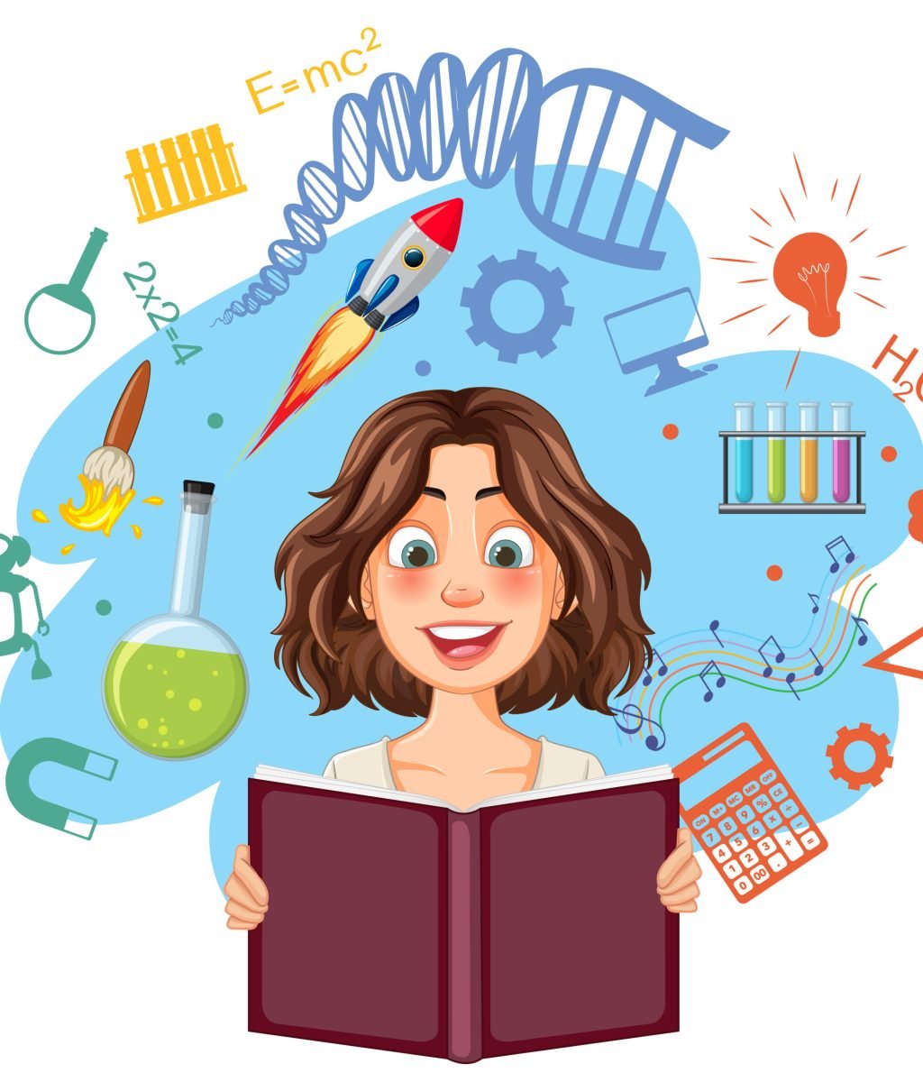 Woman reading with scientific elements around her